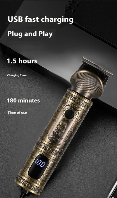 Gold retro carved electric hair clipper grooming kit with multiple trimmer heads, guide combs, cleaning brush, and USB cable. - Image 8