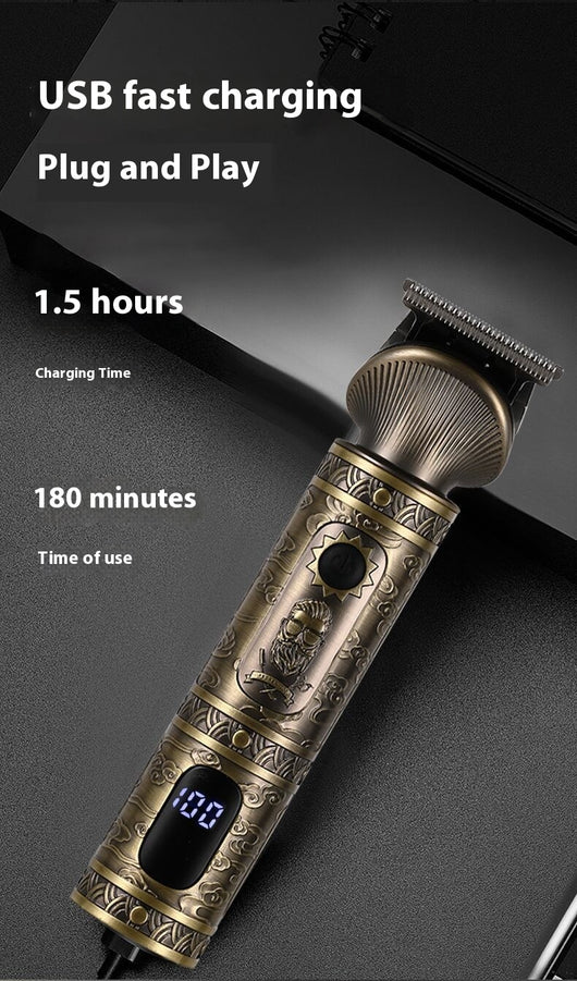 Gold retro carved electric hair clipper grooming kit with multiple trimmer heads, guide combs, cleaning brush, and USB cable. - Image 8