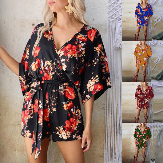 Jumpsuit Suelto con Cuello V, Mangas Estampadas y Cordones