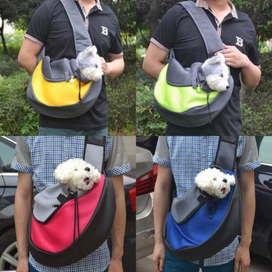 Green and black mesh pet carrier sling bag with a drawstring opening and a yellow flower-shaped zipper pull. - Image 15