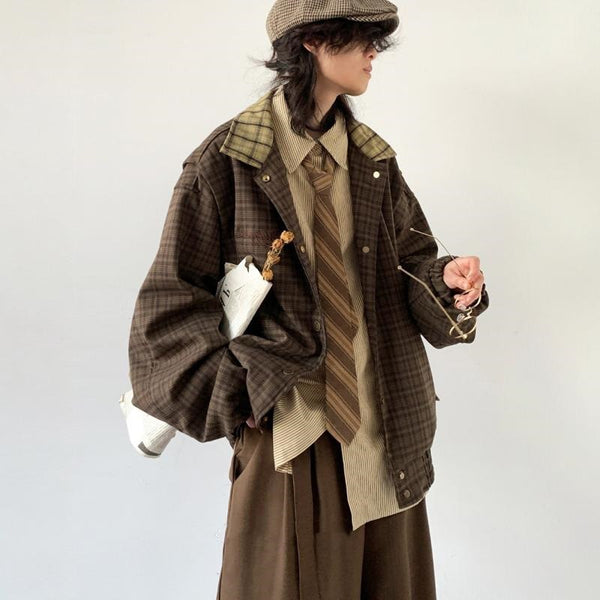 Abrigo Vintage Cuadros Estilo Japonés Primavera Otoño