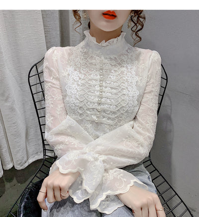 Blusa de Encaje con Cuello Semialto y Mangas Farol - Image 15