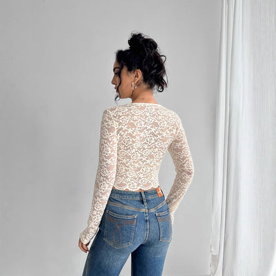 Blusa de Encaje Escote V Manga Larga Colores Sólidos - Image 3