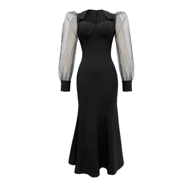 Vestido Largo Cuello Cuadrado Estilo Hepburn con Manga Vuelo - Elegancia Socialité - Image 5