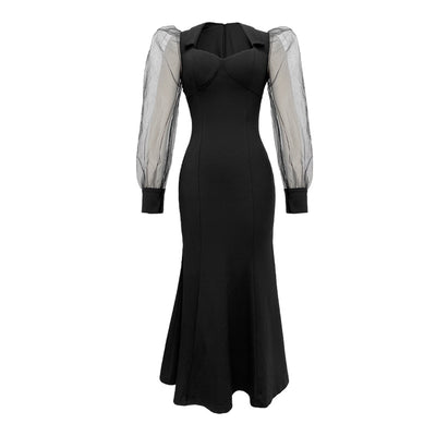 Vestido Largo Cuello Cuadrado Estilo Hepburn con Manga Vuelo - Elegancia Socialité - Image 5