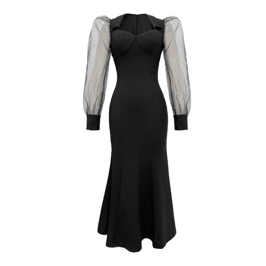 Vestido Largo Cuello Cuadrado Estilo Hepburn con Manga Vuelo - Elegancia Socialité - Image 5