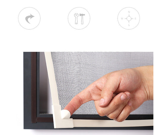Self-adhesive magnetic screen window frame components in black, brown, and off-white, showing corner connectors.
