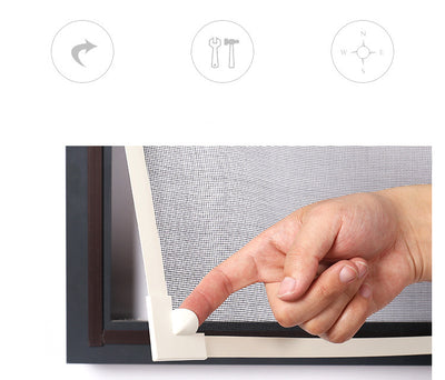 Self-adhesive magnetic screen window frame components in black, brown, and off-white, showing corner connectors.