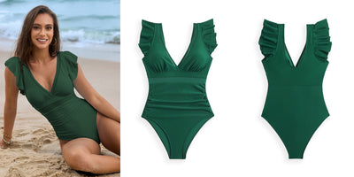 Light blue one-piece swimsuit with mesh stitching, ruffled sleeves, and a V-neck, modeled on a beach. - Image 15