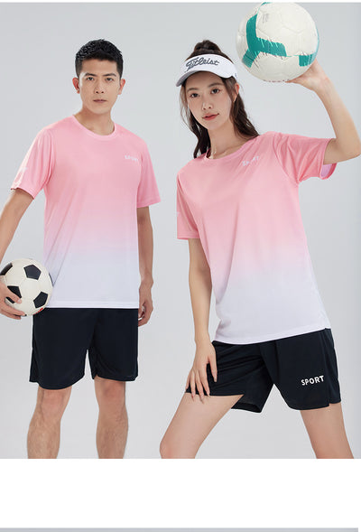 Purple and white gradient short-sleeve t-shirt with 'SPORT' text and black athletic shorts for women. - Image 29