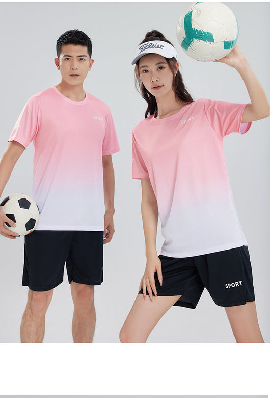 Purple and white gradient short-sleeve t-shirt with 'SPORT' text and black athletic shorts for women. - Image 29