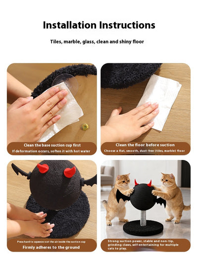Black cat scratching toy with a sisal-wrapped ball, red devil horns, and black bat wings on a spring base. - Image 10