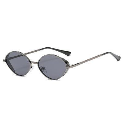 Oval women's sunglasses with dark gray lenses and a gunmetal metal frame, featuring textured temples. - Image 6