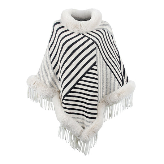 Poncho Tejido con Cuello de Piel y Borlas para Mujer - Image 6