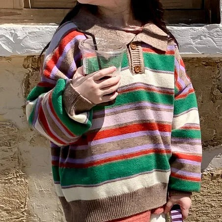 Suéter Infantil Coreano a Rayas con Cuello Tipo Polo - Image 15
