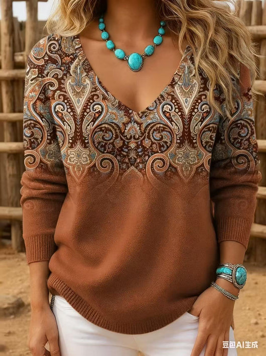 Blusa Retro Estampada con Cuello en V y Manga Larga para Mujer - Image 8