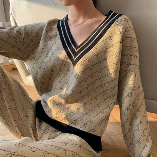 Conjunto de Pantalón Ancho y Suéter Tejido Jacquard para Mujer - Image 3