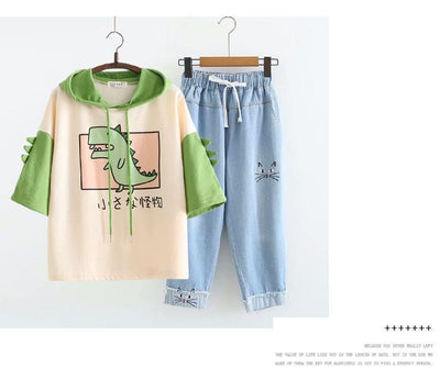 Conjunto Casual de Dos Piezas: Sudadera con Capucha y Pantalón Denim Cropped - Image 10