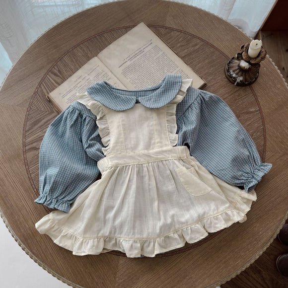 Baby Long-Sleeve Plaid Romper with Overlay Skirt