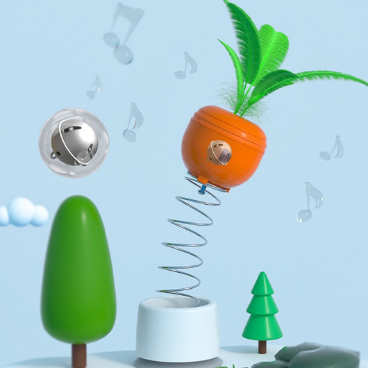 Orange carrot-shaped cat leaking food toy with green leaves, designed as a self-playing tumbler feeder. - Image 6