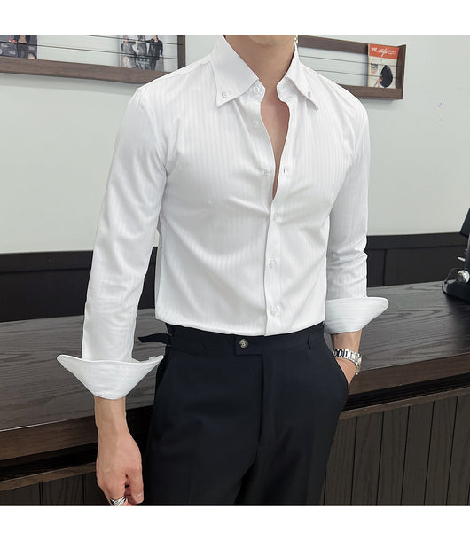 Camisa de Vestir Manga Larga a Rayas para Hombre con Cuello Italiano - Image 18