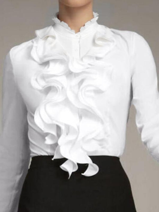 Blusa Clásica de Botones con Volantes y Colores Sólidos - Image 9