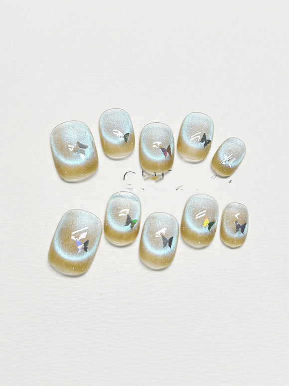 Uñas Postizas Cortas Efecto Ojo de Gato Fluorescente Mariposa
