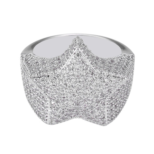 Anillo Estrella de Cinco Puntas con Zircones, Chapado en Oro Real Estilo Hip-hop