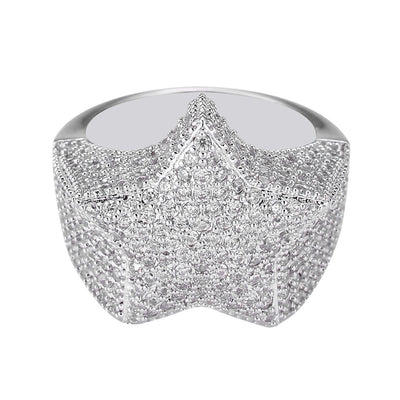Anillo Estrella de Cinco Puntas con Zircones, Chapado en Oro Real Estilo Hip-hop