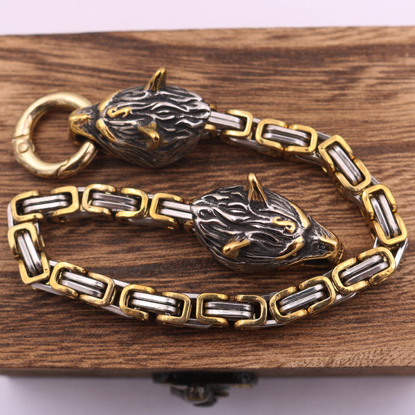 Pulsera de Acero Titanio con Dije Cabeza de Lobo para Hombre