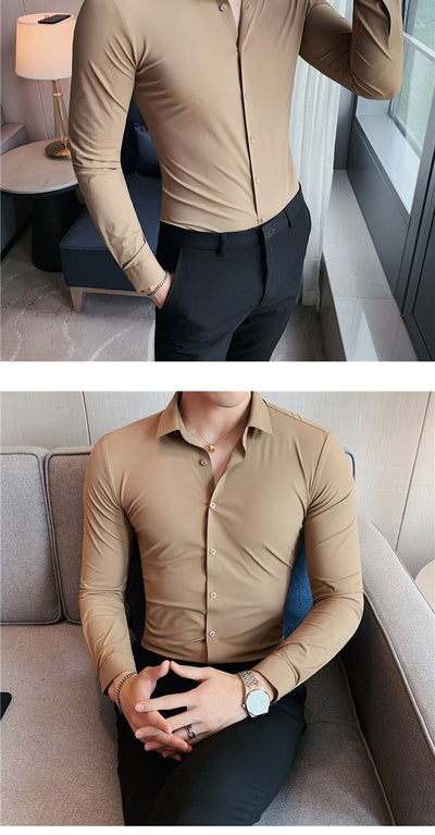Camisa Ejecutiva Coreana Slim Fit de Punto Elástico para Hombre - Image 15