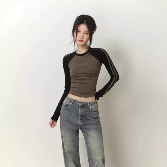Blusa Manga Larga Otoño Primavera con Detalles de Contraste
