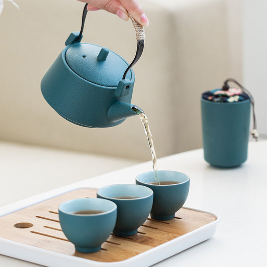 Juego de Té Portátil de Cerámica con Tetera y 4 Tazas para Viajes