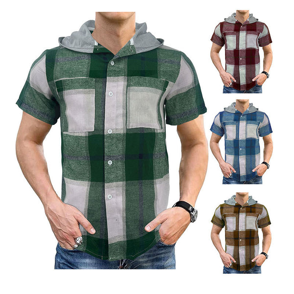 Camisa Casual Ejecutiva de Cuadros con Capucha - Manga Corta para Hombre