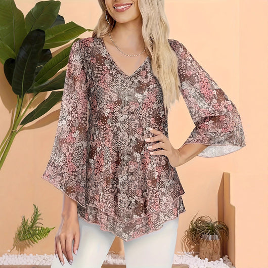 Blusa Larga de Gasa con Estampado Floral y Cuello en V - Image 6