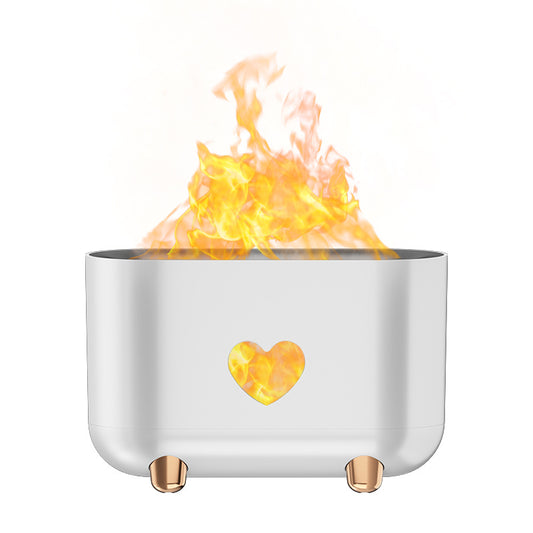 Black flame effect humidifier with a heart-shaped control panel, featuring power, timer, and light functions, on rose gold feet. - Image 2