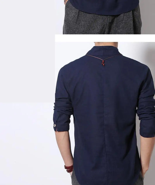 Camisa Lino Manga Larga Estilo Chino Retro para Hombre - Image 9