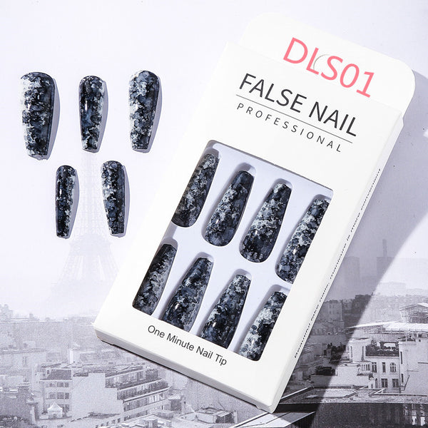 Uñas Postizas Largas con Patrón Mármol y Acabado Brillante Estilo Europeo
