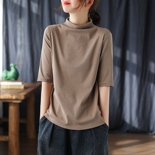 Blusa de Algodón Manga Media Suelta Cuello Alto Estilo Literario - Image 2