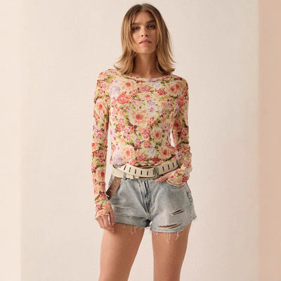 Blusa Elegante de Malla Floral Cuello Redondo Manga Larga Ajustada - Image 3