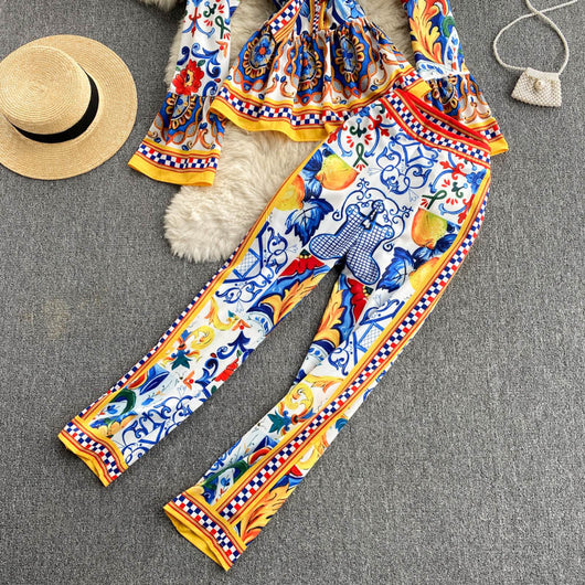 Conjunto Retro Elegante: Blusa Estampada + Pantalón Ancho de Cintura Alta - Image 5