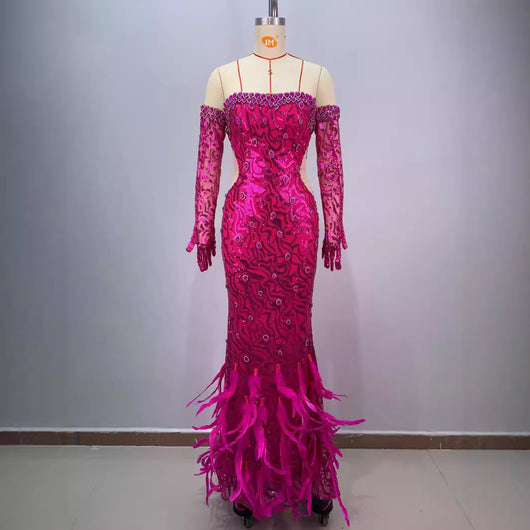 Vestido de Fiesta Sirena Ajustado con Plumas y Cola Voluminosa - Image 2