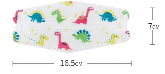 Two white children's face masks with colorful cartoon dinosaurs, including red, green, and teal, on a white display stand. - Image 10
