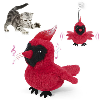 Interactive plush bird cat toy with brown and white fur, flapping wings, and a small tabby kitten observing. - Image 9