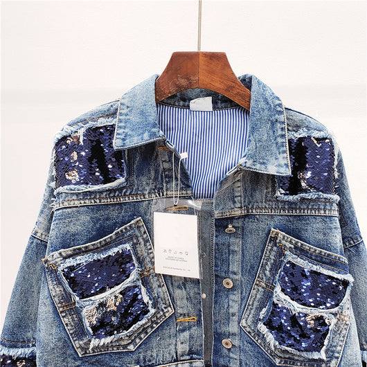 Chaqueta Denim Corta con Lentejuelas para Mujer - Manga Corta Estilo Industrial - Image 8