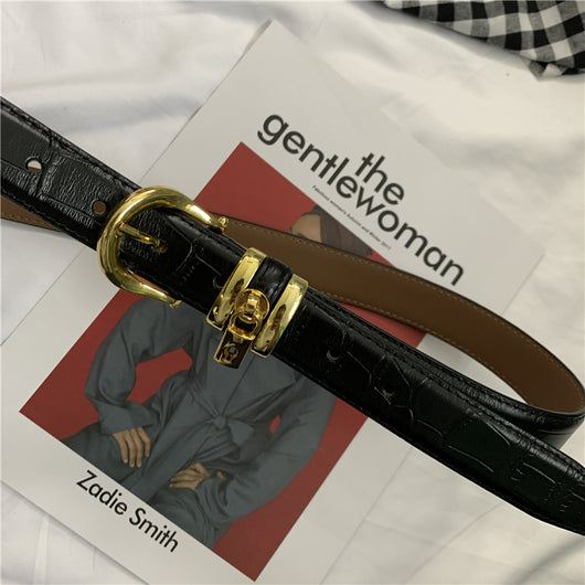 Cinturón de Cuero Premium Oro Antiguo con Patrón de Cerradura - Image 9