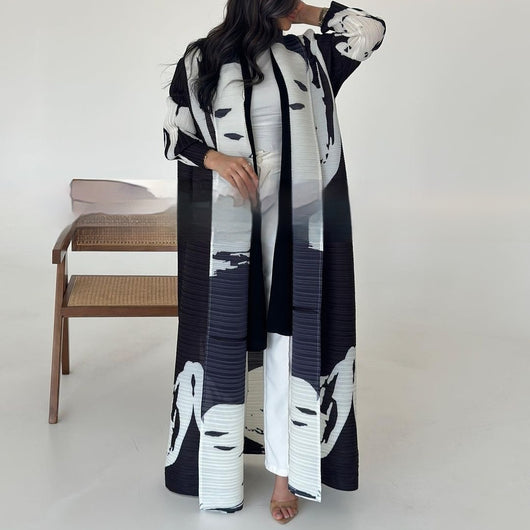 Cardigan Djellaba Étnico con Pliegues y Estampado - Capa Clásica de Moda - Image 9