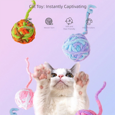 Pink and purple striped plush cat toy ball, made from chunky yarn, designed for silent play and chewing. - Image 2