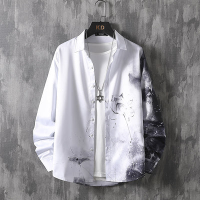 Camisa de Manga Larga con Estampado Artístico Tinta China - Diseño Trendy para Hombre - Image 8