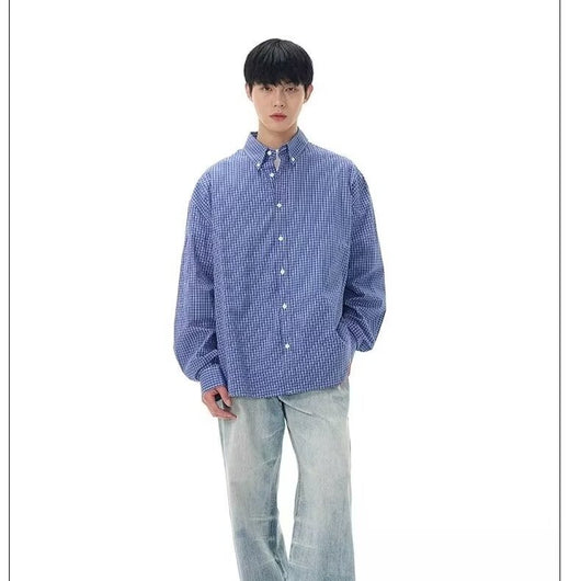 Camisa Clásica de Cuadros Azul Retro para Hombre - Image 3